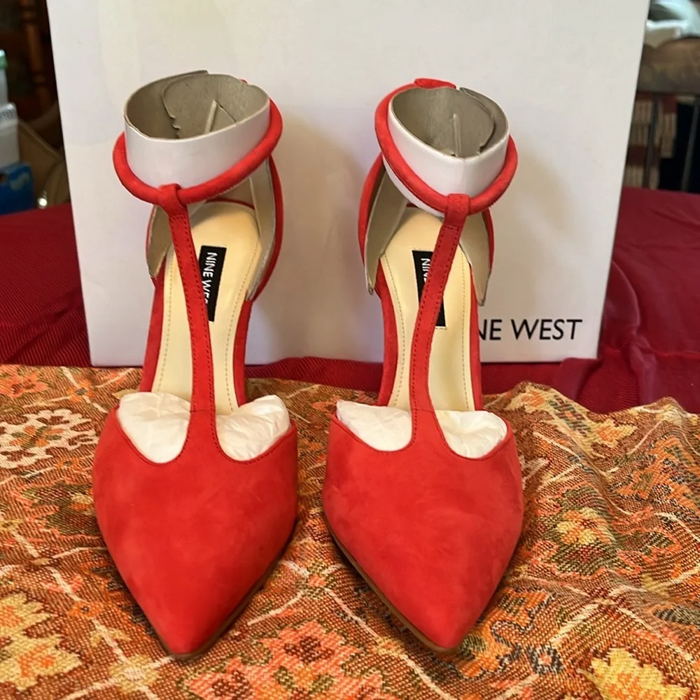 Nine West Red Pointed Toe T-Strap Heels